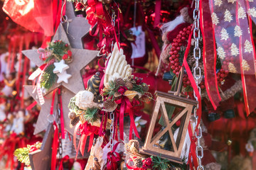 Christmas decorations handmade for sale at the Christmas Market in Vienna, Austria. Selective focus