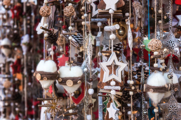 Christmas decorations handmade for sale at the Christmas Market in Vienna, Austria. Selective focus