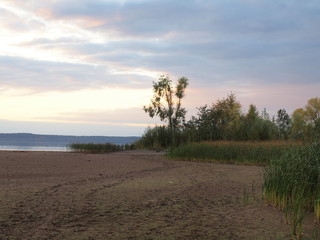 Sunset on the big river. Autumn, Russia, Ural, Perm Region