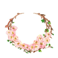 Spring composition, wreath, painted with watercolor, of delicate pink flowers, green leaves and branches, Sakura, cherry blossom, almond flowers isolated on a white background,