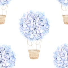 Watercolor seamless pattern. Aerostat ballon with blue hydrangea. Hand drawn floral illustration