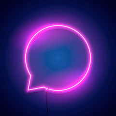 Vector illustration speech bubble neon lamp wall sign isolated on background.  pink power glowing message circle bulb banner.