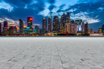 City skyscrapers and square slate ground