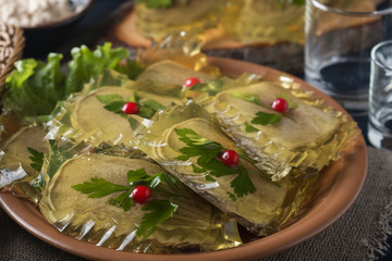 Jellied beef tongue. Tasty cold snack on a plate