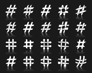 Hashtag white silhouette icons message vector set