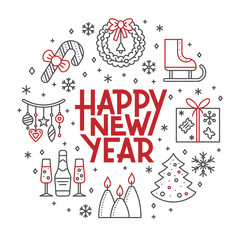 Happy New year line icon holiday lettering banner