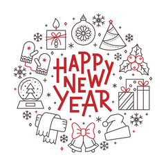 Happy new year line icon holiday lettering banner