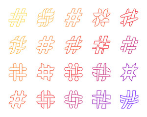Hashtag simple social media line icons vector set