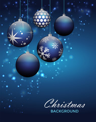 Christmas background with balls and snowflakes on blue background