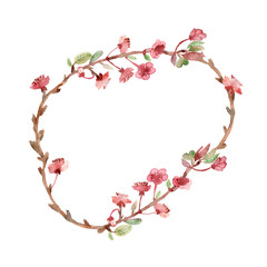 Spring composition, wreath, painted with watercolor, of delicate pink flowers, green leaves and branches, Sakura, cherry blossom, almond flowers isolated on a white background,