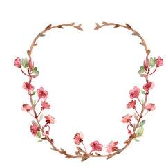 Spring composition, wreath, painted with watercolor, of delicate pink flowers, green leaves and branches, Sakura, cherry blossom, almond flowers isolated on a white background,