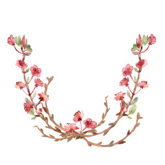 Spring composition, wreath, painted with watercolor, of delicate pink flowers, green leaves and branches, Sakura, cherry blossom, almond flowers isolated on a white background,