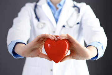 Female doctor with stethoscope holding heart in her arms. Healthcare and cardiology concept  in...