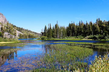 Picturesque rural landscapes on Mammoth lake, background