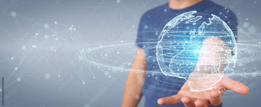 Aufkleber Businessman using globe network hologram with Europe map 3D rendering