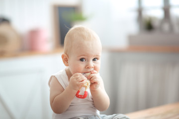 Baby first teeth gnaws fruit in safe device, food