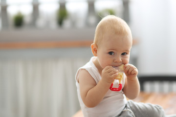 Baby eats the fruit in nibbler, learn feeding