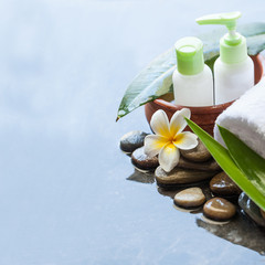 Bottles with leaves in  bowl of water, towel, flower. Body care and spa concept