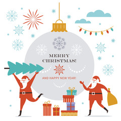 Santa Claus carry big Christmas tree and present sack. Greeting card. Merry Christmas and Happy New Year , flat vector illustration