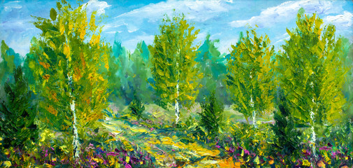 oil painting on canvas-Beautiful summer spring landscape, forest flowers, road to forest and green trees and bright nature-modern impressionism fine art - obrazy, fototapety, plakaty