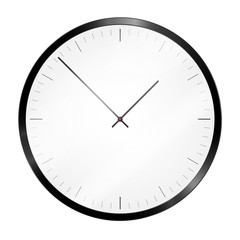 Realistic illustration of a black metallic wall clock or a wristwatch with a dial and reflections on glass