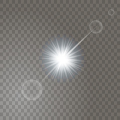 Bright glowing light sun burst on transparent background. Glitter star  decoration with ray sparkles for your design. Vector illustration of explosion with special lens flare light effect