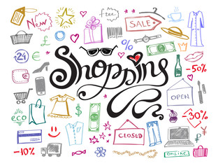 Hand drawn shopping lettering with doodle colorful line icons pattern.  Abstract sale or offer background. Vector illustration