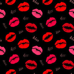 Red and pink lip marks isolated on black background trendy seamless pattern with word 