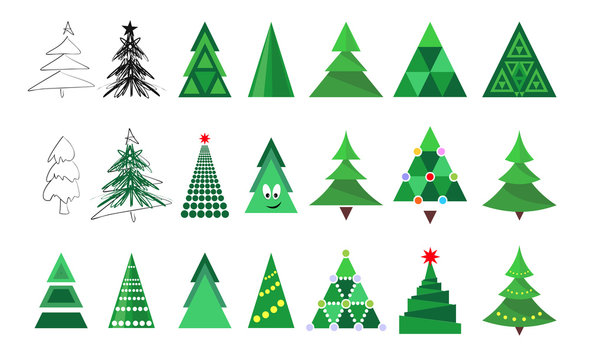 Christmas tree icons collection isolated on white background. Decoration set for Merry Christmas and Happy New Year.  Vector illustration for winter holiday design