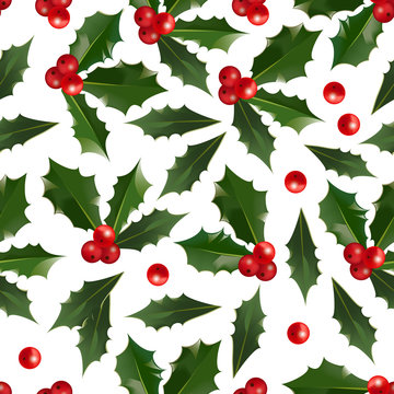 Merry Christmas and Happy New Year seamless pattern with holly berries isolated on white background. Abstract background for Christmas decoration. Vector winter holiday floral illustration