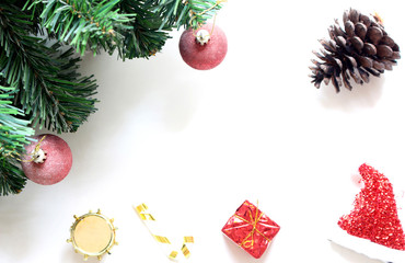 christmas tree with decorations ball and box gift on white background