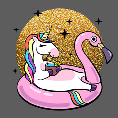Fantasy animal unicorn on flamingo inflatable circle. Cartoon illustration
