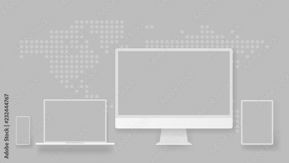 Poster white desktop computer display screen smartphone tablet portable notebook or laptop. outline mockup 