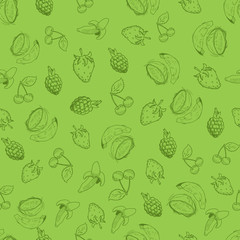 Vector seamless pattern. Healthy lifestyle. Green background, with vegetables and fruits. Hand drawn.