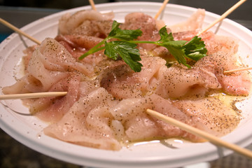 A delicious carpaccio of fresh Mediterranean swordfish, seasoned with extra virgin olive oil, parsley, pepper and a few drops of lemon juice, sushi
