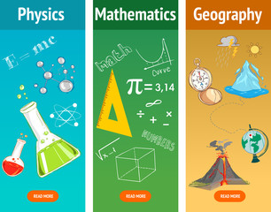 Basic math. Physics subject. Geography science. School subjects. Education and science banners set.