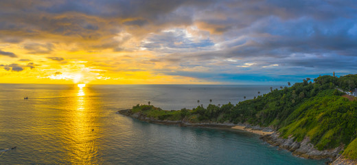 panorama sunset above Promthep cape is a mountain of rock that extends into the sea in Phuket Thailand..Promthep cape is the most popular viewpoint in Phuket.