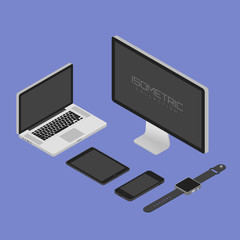 Isoetric vector illustration modern monitor, computer, laptop, phone, tablet and smart watch.