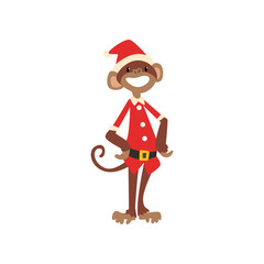 Funny monkey symbol of New Year, cute animal of Chinese horoscope in Santa Claus costume vector Illustration on a white background