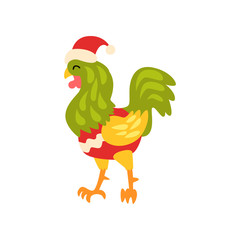 Rooster symbol of New Year, cute animal of Chinese horoscope in Santa Claus costume vector Illustration on a white background