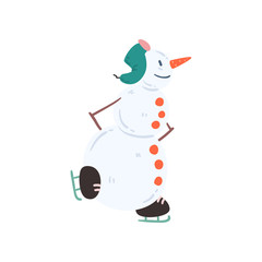 Funny snowman character skating, Christmas and New Year holidays decoration element vector Illustration on a white background