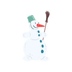 Funny snowman character with a bucket on his head and a broom, Christmas and New Year holidays decoration element vector Illustration on a white background