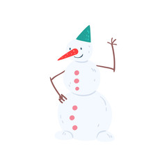 Cute funny snowman character, Christmas and New Year holidays decoration element vector Illustration on a white background