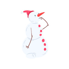 Cute thoughtful snowman character, Christmas and New Year holidays decoration element vector Illustration on a white background