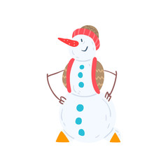 Cheerful snowman character in a hat and vest, Christmas and New Year holidays decoration element vector Illustration on a white background