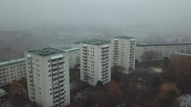 Aerial view of a Stockholm suburb on a gray and misty november day.