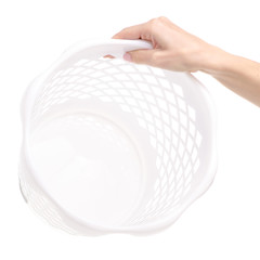 Office white bucket in hand on a white background. Isolation