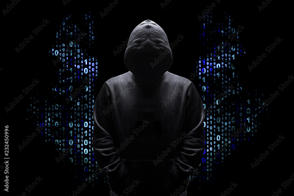 Wall mural silhouette of a man in a hood with wings from a binary code, concept angelic good hacker