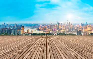 City skyscrapers and square slate ground