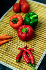 Isolated Pepper on Wooden Tray, Caprsicum